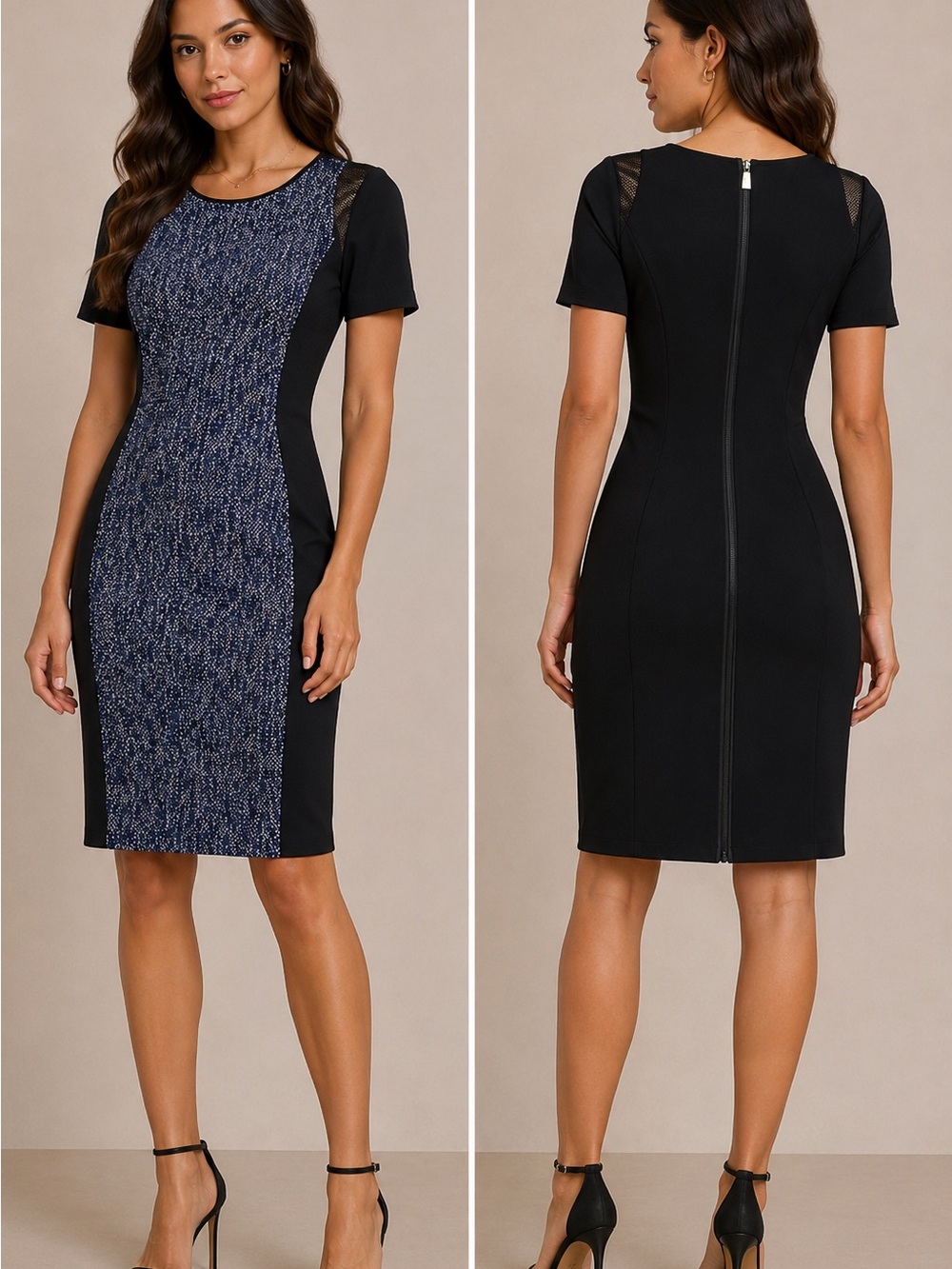 Elie Tahari Black & Navy Textured Panel Sheath Dress